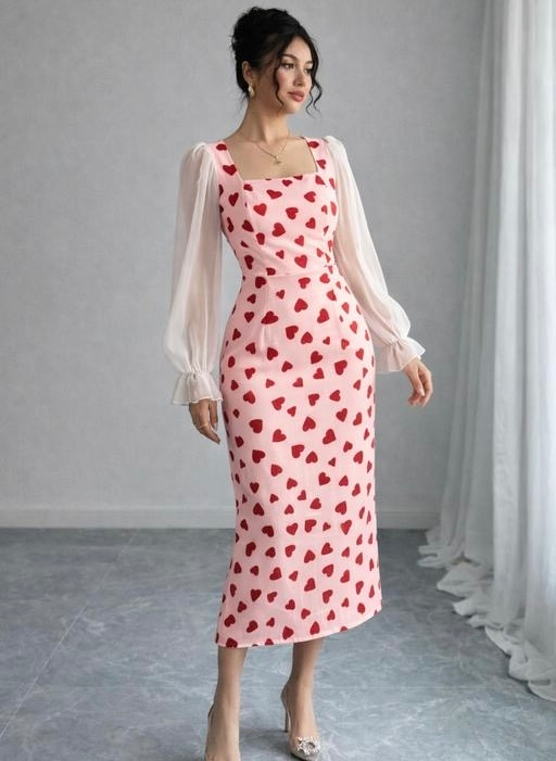 Trendy Pink Heart Print Maxi Dress with Sheer Puff Sleeves