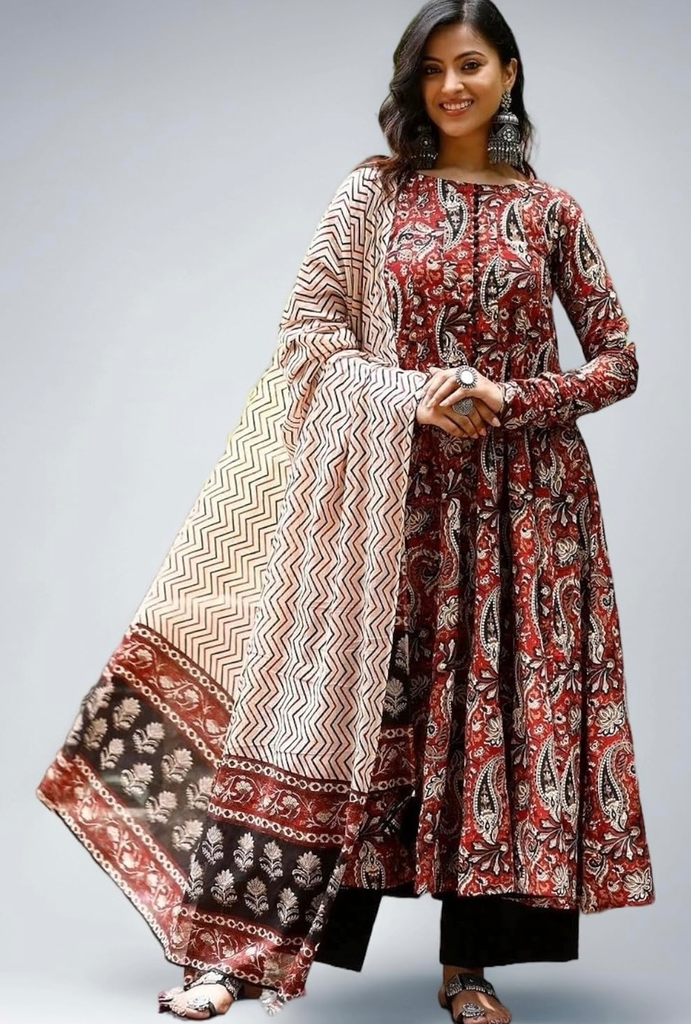 Women Printed Anarkali Kurta and Pant Set with Dupatta